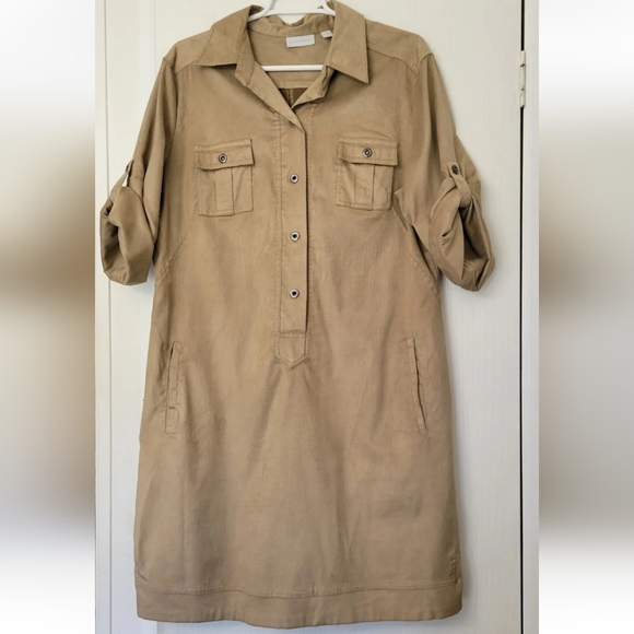 New York & Company Womens Faux Suede Leather Tan Dress Size 16 Roll Tab Sleeve - Picture 2 of 4